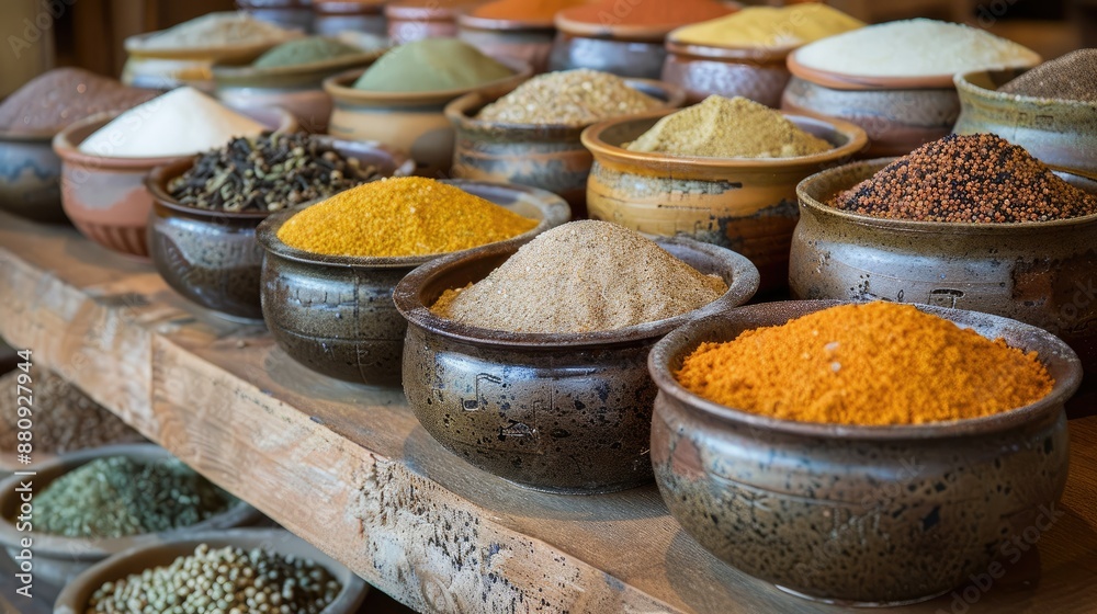 Exotic spices and powders in small ceramic dishes Exotic spices and powders in small ceramic dishes