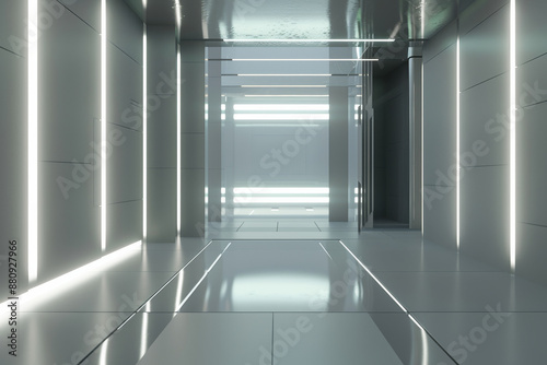 A sleek, futuristic hallway with glowing, linear light patterns and reflective surfaces, embodying high-tech minimalism.