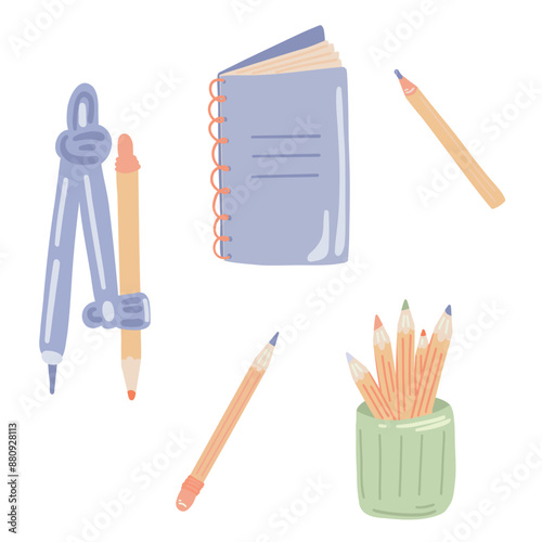 Vector Set of School Stationery Supplies flat design with notebook