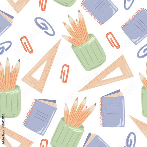 Seamless School Supplies Pattern in Flat Style