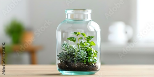 Creating a Miniature Self-Sustaining Ecosystem with Small Plants in a Glass Bottle Terrarium. Concept Terrarium Design, Indoor Gardening, Miniature Ecosystem, Plant Care, Glass Bottle Decoration
