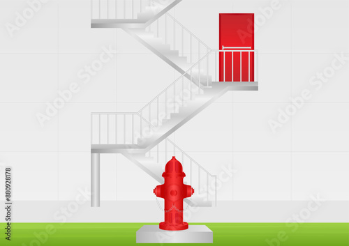 Red Fire Hydrant Outside the Office Building. Vector Illustration. 