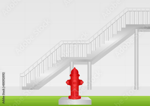 Red Fire Hydrant Outside the Office Building. Vector Illustration. 