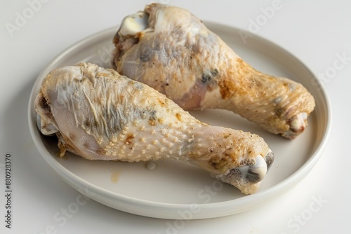Moldy chicken drumstick with visible mold patches, placed on a white plate, emphasizing food spoilage