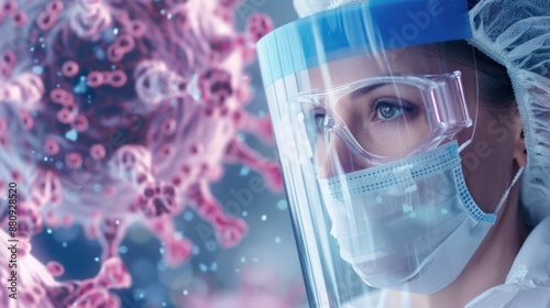 Close-Up Portrait of a Female Healthcare Worker in Protective Gear with Blurred Coronavirus Background