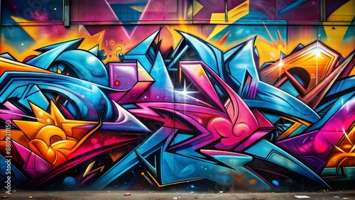 A colorful graffiti mural with a blue and pink design
