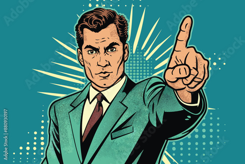 Retro Businessman Pointing Confidently: Vintage Pop Art Leadership Vector Illustration