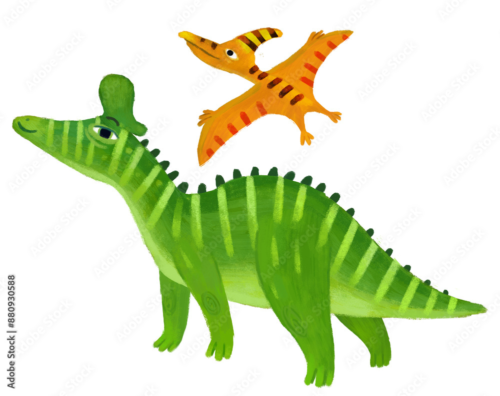 Obraz premium cartoon happy and funny colorful prehistoric dinosaur dino lambeosaurus and quetzalcoatlus pterodactyl bird flying isolated illustration for children