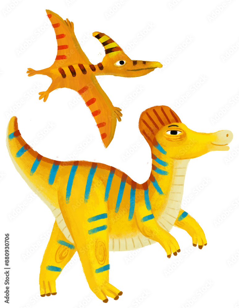 Naklejka premium cartoon happy and funny colorful prehistoric dinosaur dino cerythosaurus and quetzalcoatlus pterodactyl bird flying isolated illustration for children