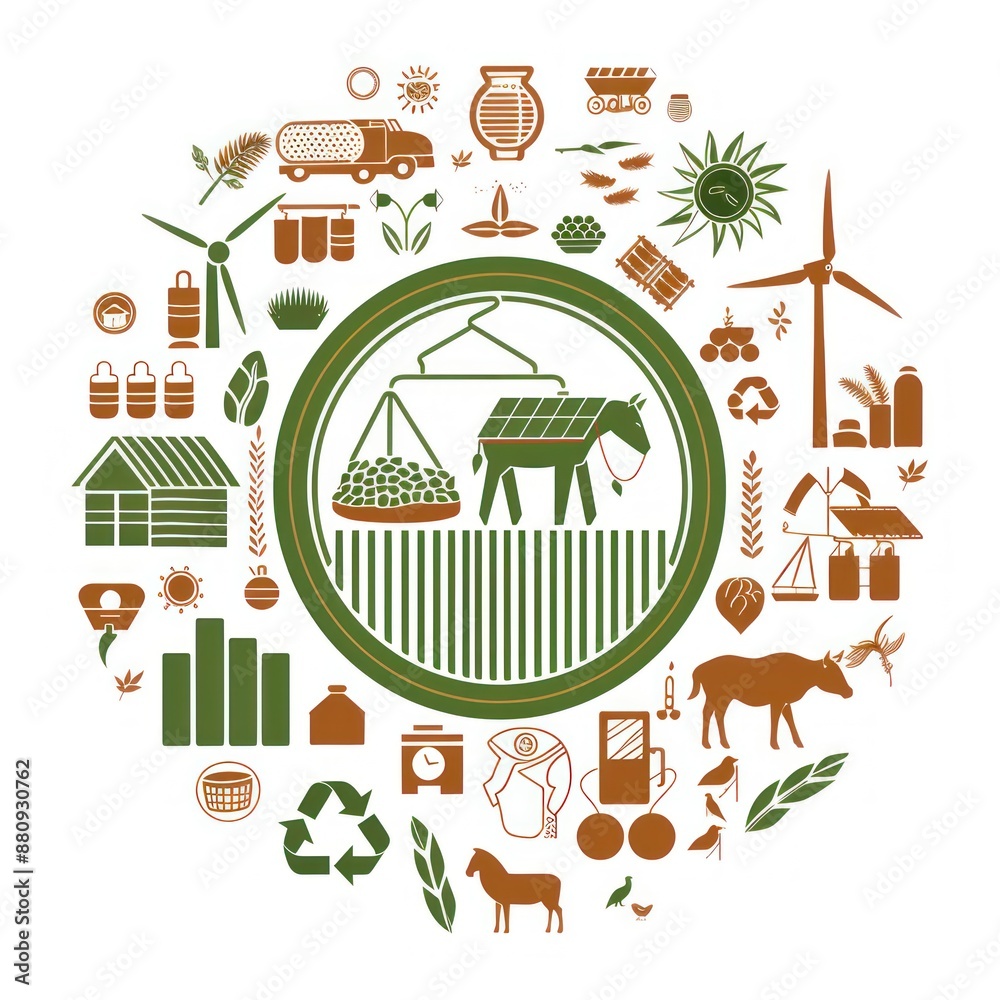 Fototapeta premium Circular Illustration of Rural Life with Green and Brown Icons
