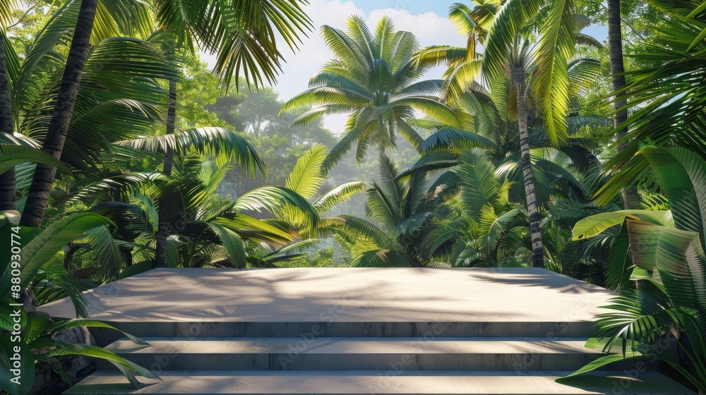 A tranquil jungle scene with dense foliage and sunlight filtering through, highlighting a serene, empty stone platform surrounded by palm trees. A tranquil jungle scene with dense foliage and sunlight filtering through, highlighting a serene, empty stone platform surrounded by palm trees.