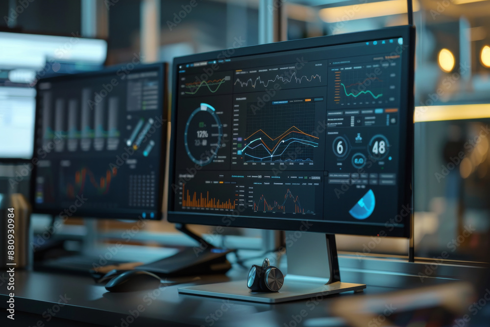 Two computer monitors displaying analytical data and charts in a modern office, signifying data analysis and technology-driven work. Two computer monitors displaying analytical data and charts in a modern office, signifying data analysis and technology-driven work.