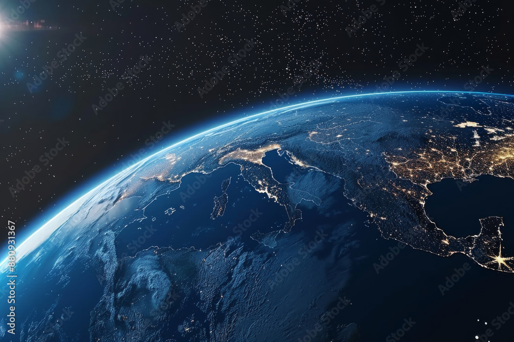 Fototapeta premium A spectacular view of Earth from space, showcasing its illuminated surface, vibrant blue oceans, and twinkling city lights against the dark vacuum.