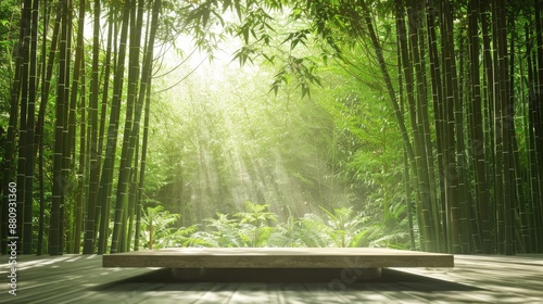 Sunlight filters through a dense bamboo forest illuminating a wooden platform in a serene and peaceful natural setting.