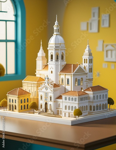 Vila histórica com igrejas e casas no estilo barroco em maquete feita de papel. Modelo sobre mesa com luz lateral natural.