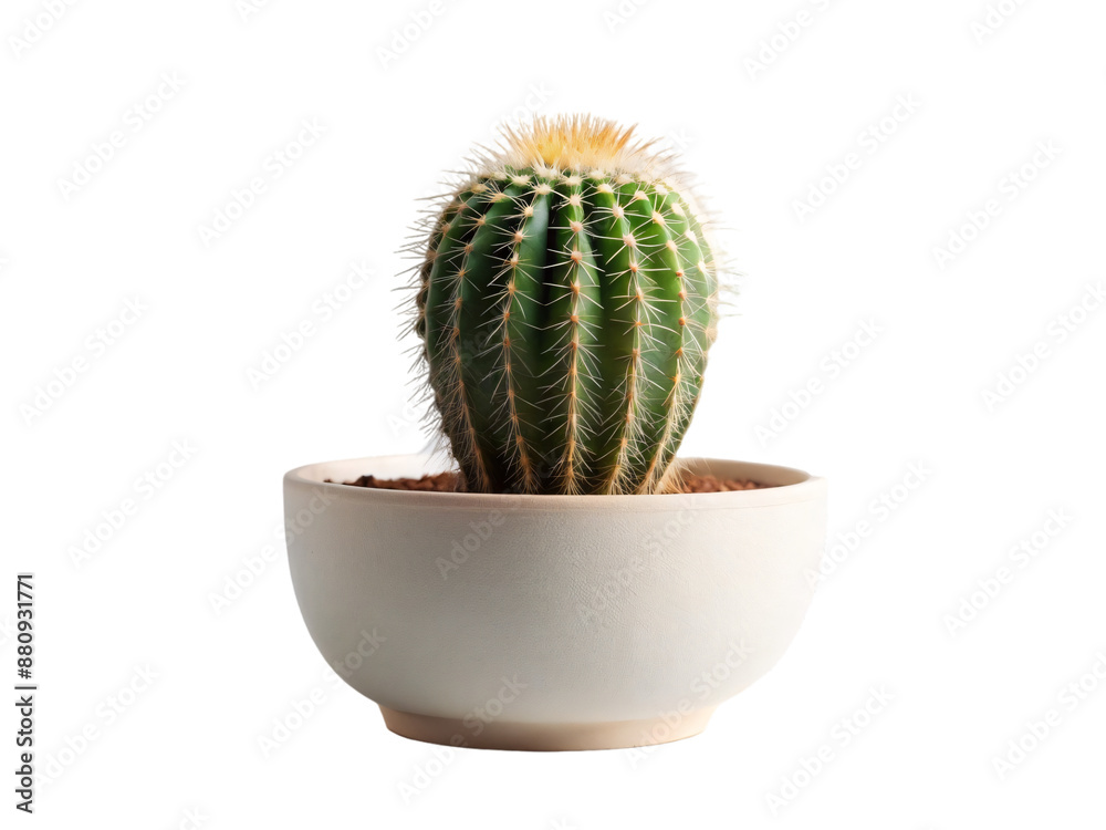 A small cactus in a pot on white background