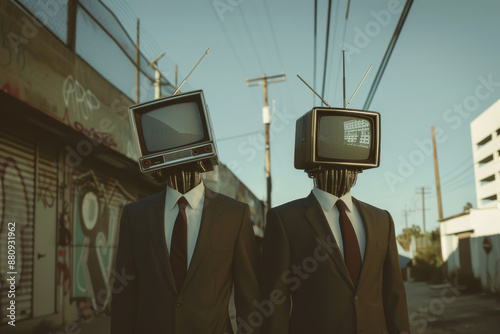 Two men in suits stand in an urban alley, their heads replaced by vintage television sets, creating a surreal and thought-provoking scene.