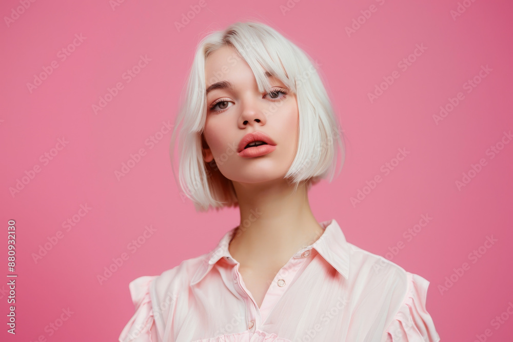 Fototapeta premium A stylish young woman with short platinum blonde hair poses against a soft pink background, her expression tranquil and composed.