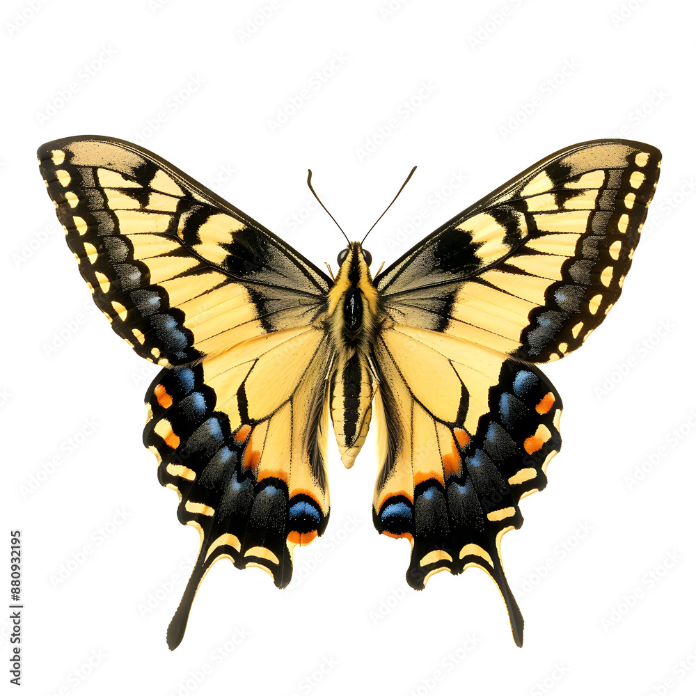 Papilio Machaon, yellow swallowtail butterfly top view isolated on white background Papilio Machaon, yellow swallowtail butterfly top view isolated on white background