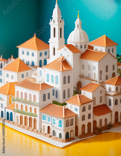 Vila histórica com igrejas e casas no estilo barroco em maquete feita de papel. Modelo sobre mesa com luz lateral natural.