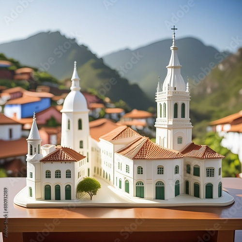 Maquete/Modelo arquitetônico de igreja e casarões históricos barrocos em argila sobre mesa. Ao fundo janela com montanhas e vila histórica.