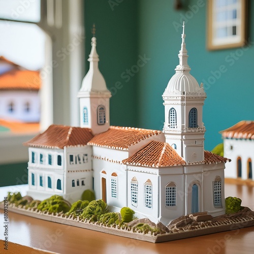 Maquete/Modelo arquitetônico de igreja e casarões históricos barrocos em argila sobre mesa.
