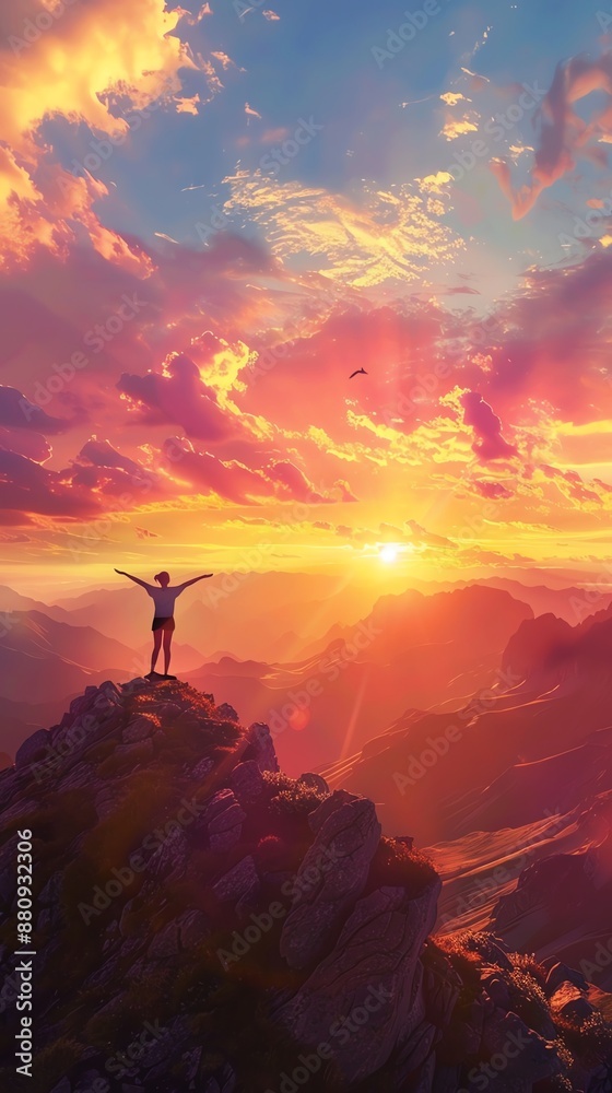 A person standing on a mountain peak with arms raised, embracing a vibrant sunset sky, symbolizing freedom and achievement. A person standing on a mountain peak with arms raised, embracing a vibrant sunset sky, symbolizing freedom and achievement.