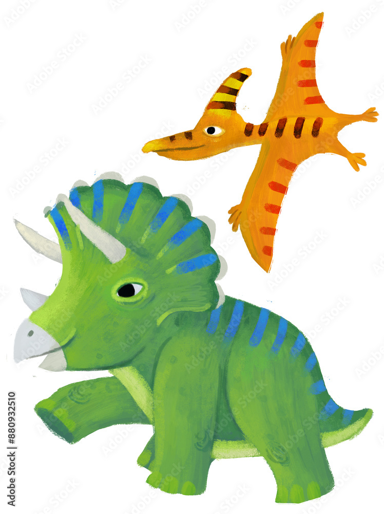 Fototapeta premium cartoon happy and funny colorful prehistoric dinosaur dino triceratops and quetzalcoatlus pterodactyl bird flying isolated illustration for children