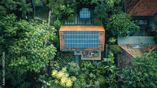 A house with a solar panel on the roof is shown from above