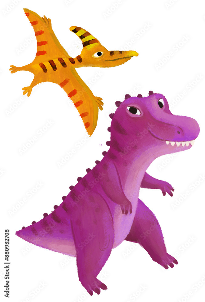 Fototapeta premium cartoon happy and funny colorful prehistoric dinosaur dino tyrannosaurus and quetzalcoatlus pterodactyl bird flying isolated illustration for children