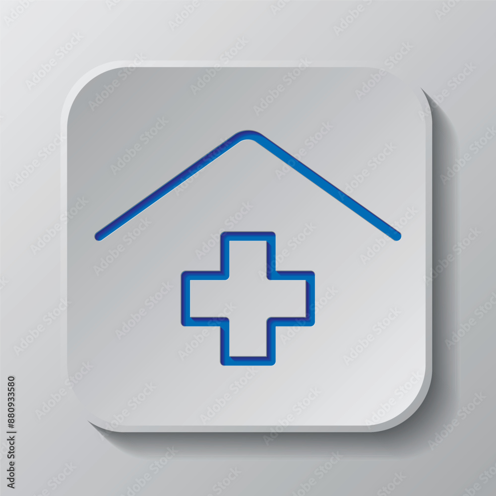 Clinic, hospital logo simple icon vector. Flat design. Paper cut design. Cutted blue symbol with shadow. Gray badge button, gray background Clinic, hospital logo simple icon vector. Flat design. Paper cut design. Cutted blue symbol with shadow. Gray badge button, gray background