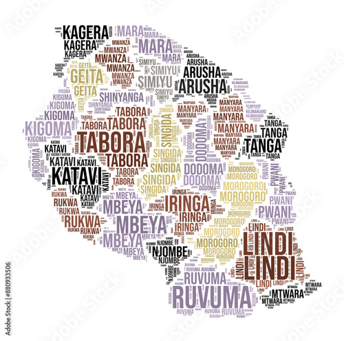 Tanzania word cloud. Country shape with region division. Tanzania typography style image. Region names tag clouds. Vector illustration.