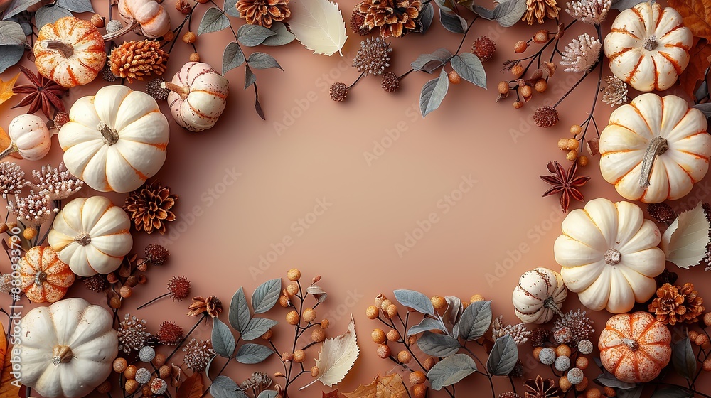 Obraz premium autumn frame of white pumpkins,fall decorations on brown background flat lay top view copy space
