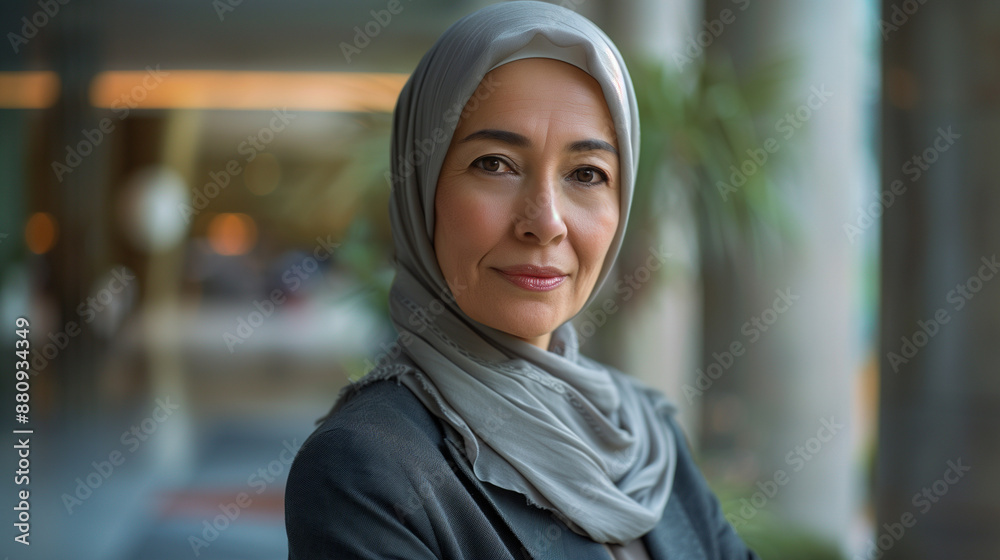 Portrait corporate d'une femme voilée en hijab en costume clair dans un hall contemporain lumineux, senior en entreprise, femme de pouvoir et de leadership tenant son ordinateur Portrait corporate d'une femme voilée en hijab en costume clair dans un hall contemporain lumineux, senior en entreprise, femme de pouvoir et de leadership tenant son ordinateur