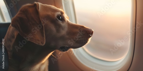 Canine Delighting in Sunset View from Plane Window Perfect for Travel-themed Content. Concept Travel-themed content, Canine travel companions, Sunset views, Aerial photography photo