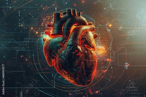 Futuristic Heart with Integrated Circuits Illustrating the Fusion of Biology and Technology photo