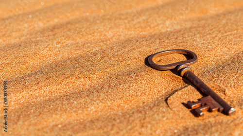 an old, rusted key half-buried in the golden desert sand, concept of the yearning for home and the right of return, palestinian photo
