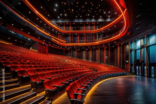 Spacious modern theater with red seats and elegant lighting. Perfect for concerts, events, and performances. Indoor venue, no people.