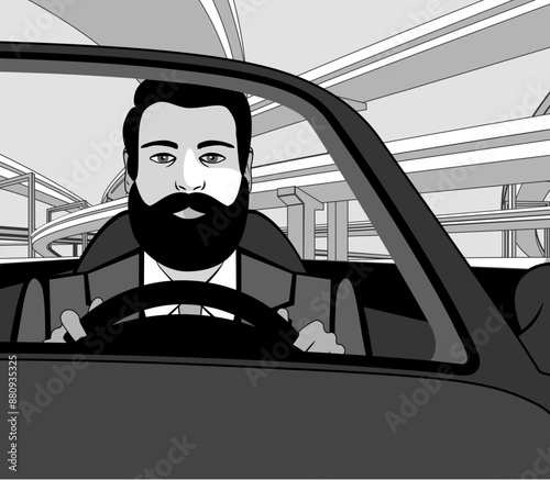 Poster with a young man with a beard and glasses driving a car against the backdrop of a highway overpass. Drawing in the style of minimalism. Modern city life and futuristic vector illustration.