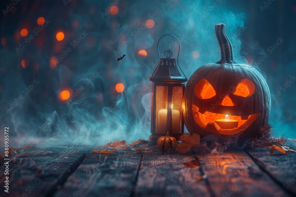 Fototapeta premium Halloween pumpkin with flames and smoke, lantern next to it, dark background, copy space, place for text