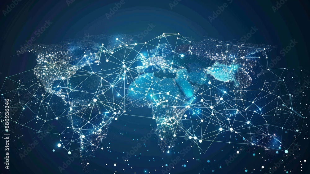 Futuristic Global Data Exchange Network with Digital World Map Connections for Tech Designs