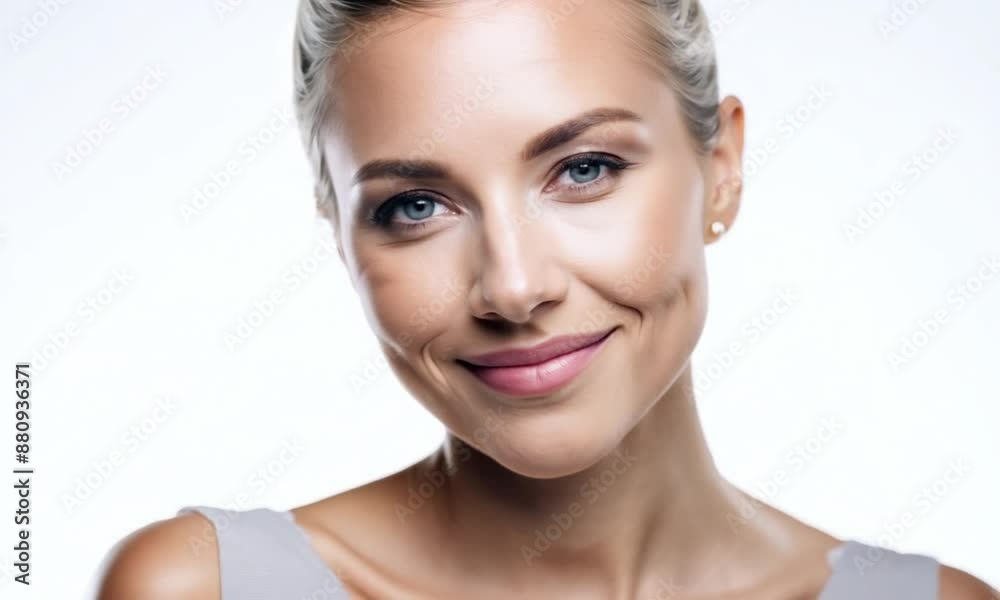 Stunning blond woman with captivating blue eyes gazes calmly at the camera, showcasing her natural beauty and confidence against a simple white background Stunning blond woman with captivating blue eyes gazes calmly at the camera, showcasing her natural beauty and confidence against a simple white background