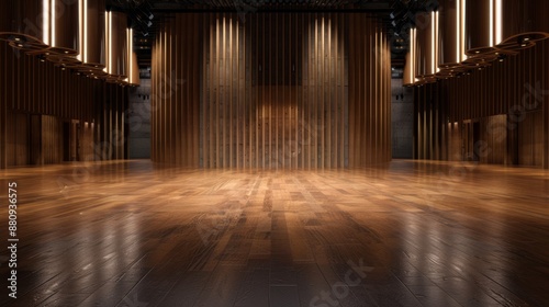 Empty stage in modern concert hall with sleek, contemporary architecture, ambient lighting. Modern concert hall stage, empty, with polished wooden floor and soft lighting.