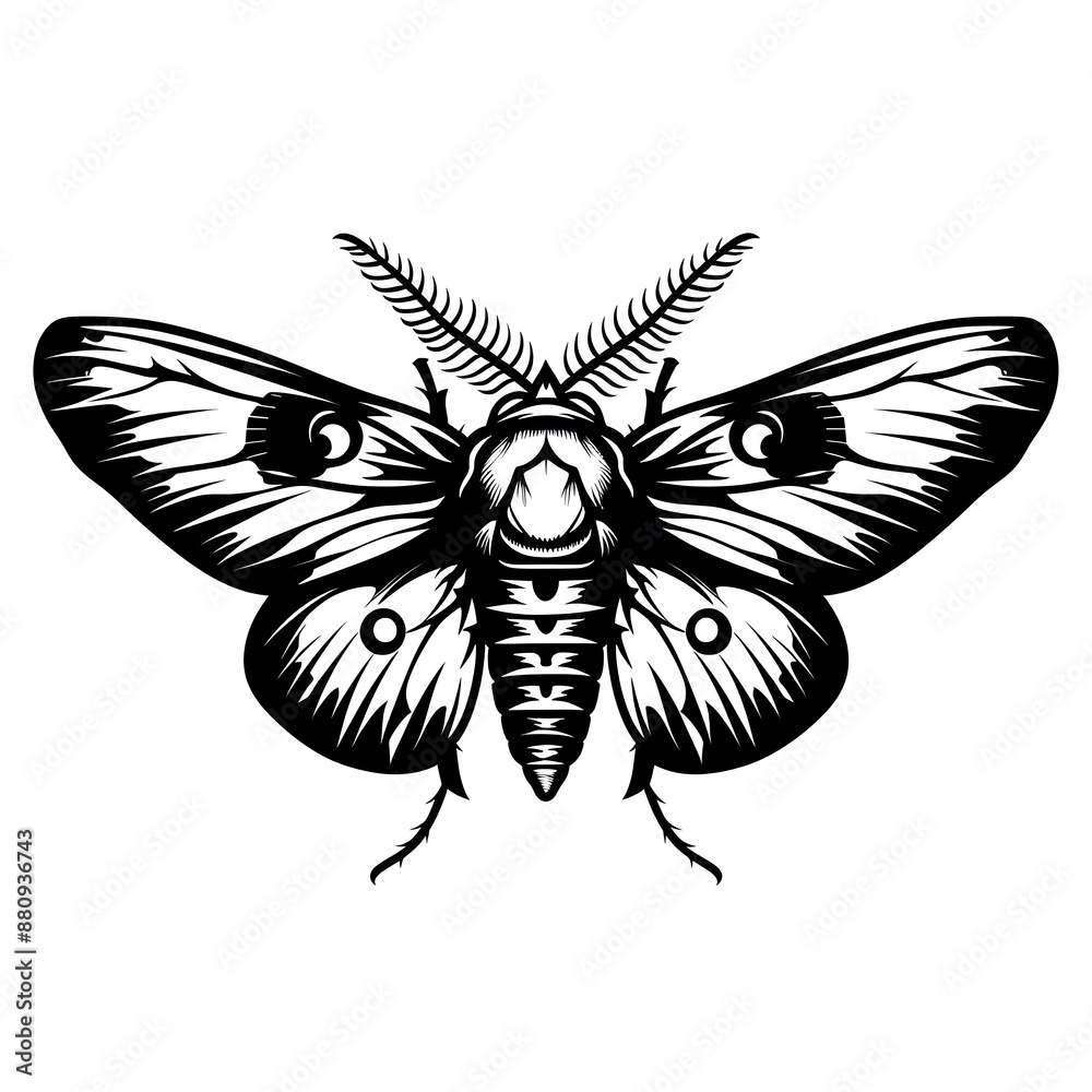 Obraz premium Hand drawn Black moth in a minimal linocut style, tattoo design isolated on white background