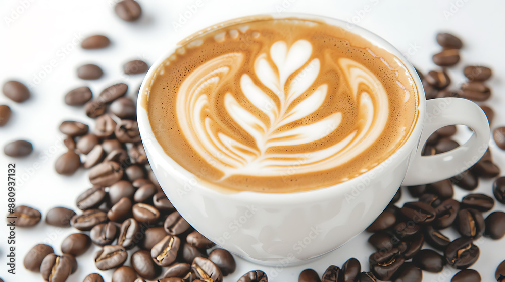Perfectly Crafted Latte with Artistic Foam Design Surrounded by Coffee Beans on White Background