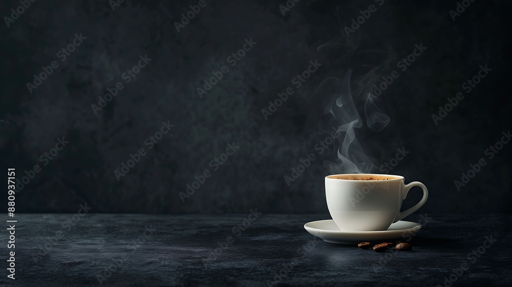 Rich and Aromatic, Steaming Cup of Freshly Brewed Coffee on Dark Background with Copy Space. Rich and Aromatic, Steaming Cup of Freshly Brewed Coffee on Dark Background with Copy Space.