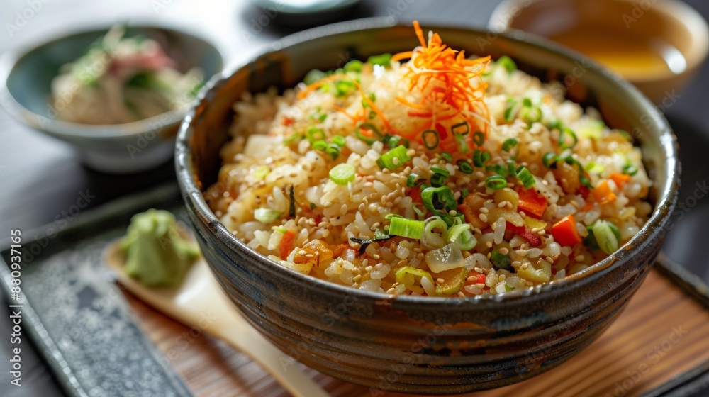 The national cuisine of Japan. Fried rice with vegetables, soy sauce, miso soup and pickles. The national cuisine of Japan. Fried rice with vegetables, soy sauce, miso soup and pickles.