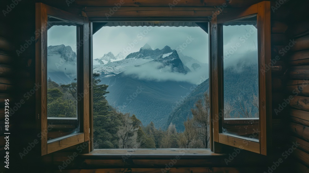 Fototapeta premium Secluded cottage with beautiful mountain views through large windows.
