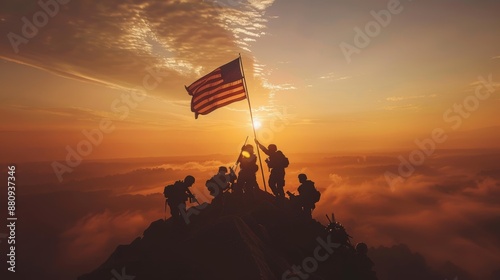 Military Personnel Raising a Flag at Sunrise on a Hilltop Symbolizing Duty and Honor photo