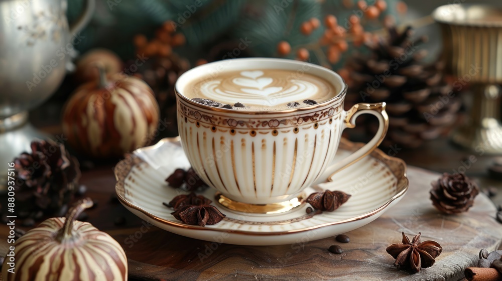 Elegant Cup of Coffee with Autumn Decorations Elegant Cup of Coffee with Autumn Decorations